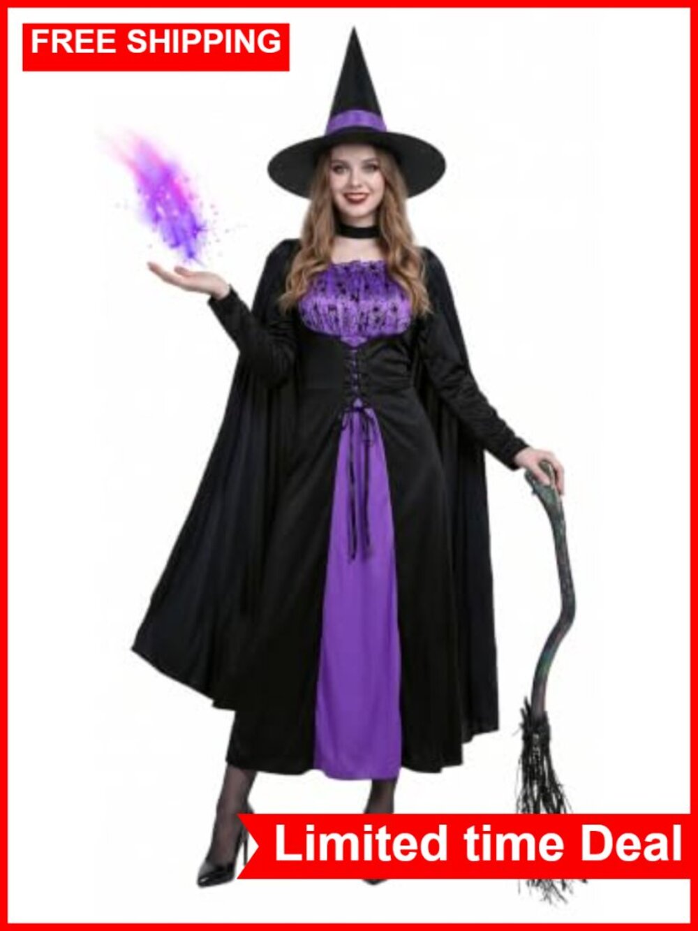 Womens Witch Costume Dress with Hat Gothic Halloween Outfit